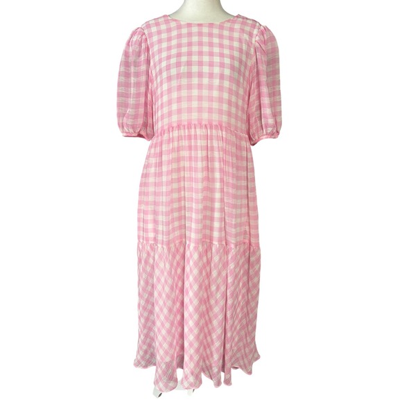 English Factory Dress Womens Small Pink Gingham Puff Sleeve Tiered Maxi Pockets - Picture 1 of 15